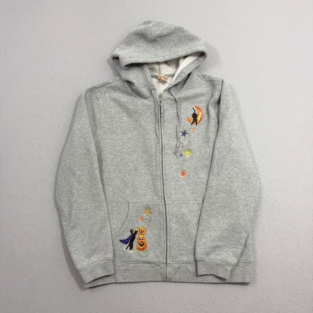 Vintage Halloween Black Cat Pumpkin Hoodie Women Large Gray Embroidered Full Zip